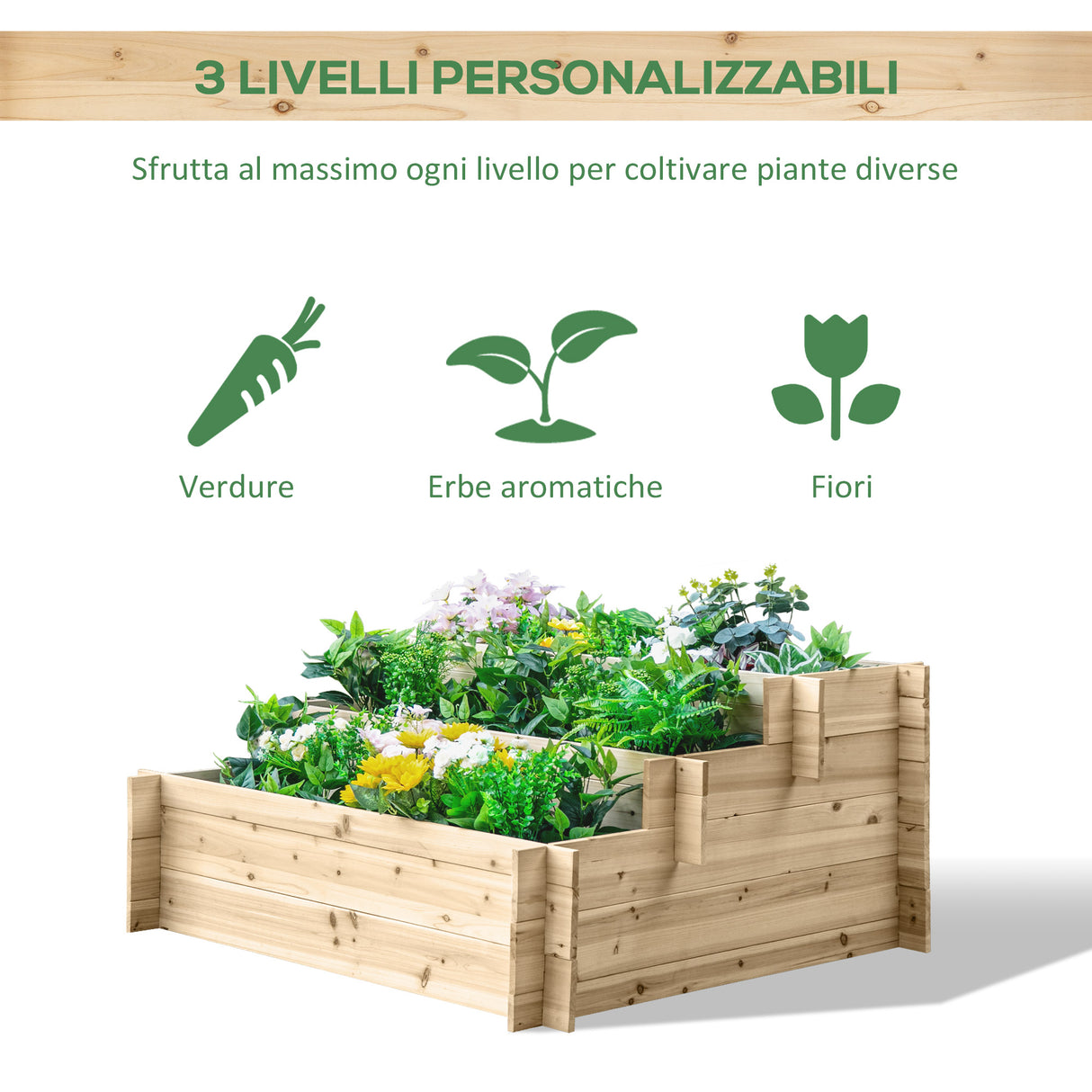 easycomfort fioriera in legno di abete a 3 livelli cassetta per orto rialzato da esterno 120x100x54cm
