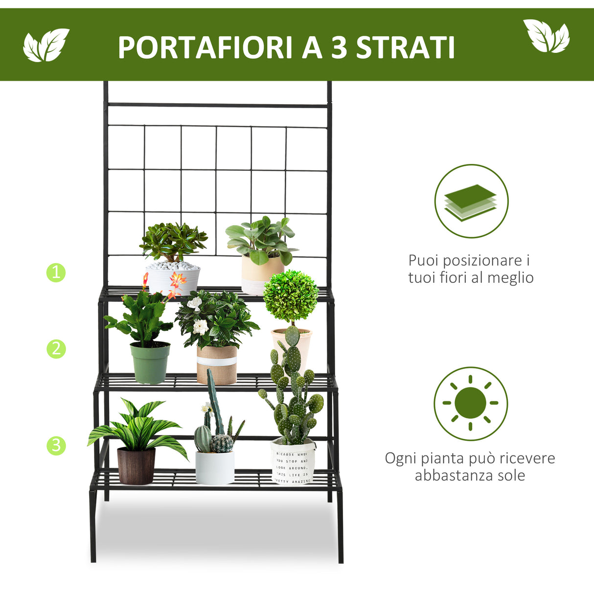 easycomfort easycomfort scaffale portapiante con 3 ripiani e pannello verticale per piante rampicanti in metallo nero