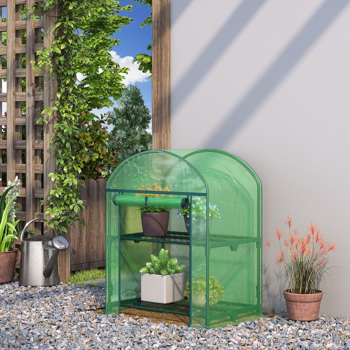 easycomfort mini serra da giardino con 2 ripiani in metallo e copertura in pe 69x49x92cm verde