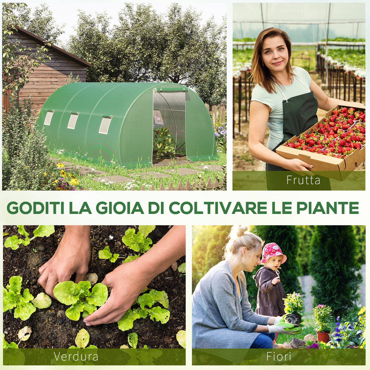 easycomfort serra a tunnel da esterno con copertura in pe porta con cerniera e 6 finestre verde