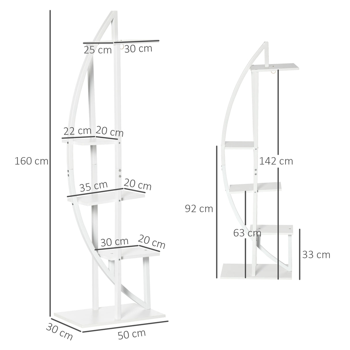 easycomfort portafiori a 5 livelli a mezzaluna per interni ed esterni in mdf e acciaio 50x30x160 cm bianco