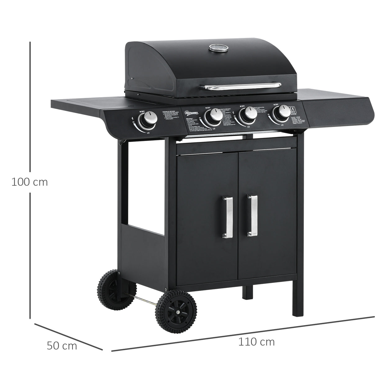 easycomfort barbecue a gas con coperchio 4 bruciatori da 11.6kw fornello mensola e 2 ruote 110x50x100cm nero