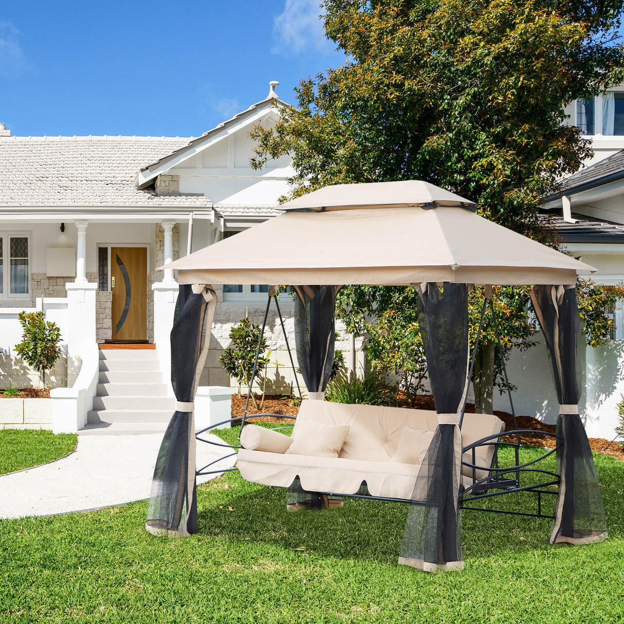 easycomfort dondolo 3 posti e lettino singolo copertura a gazebo con zanzariera e cuscini beige 256x172x248cm