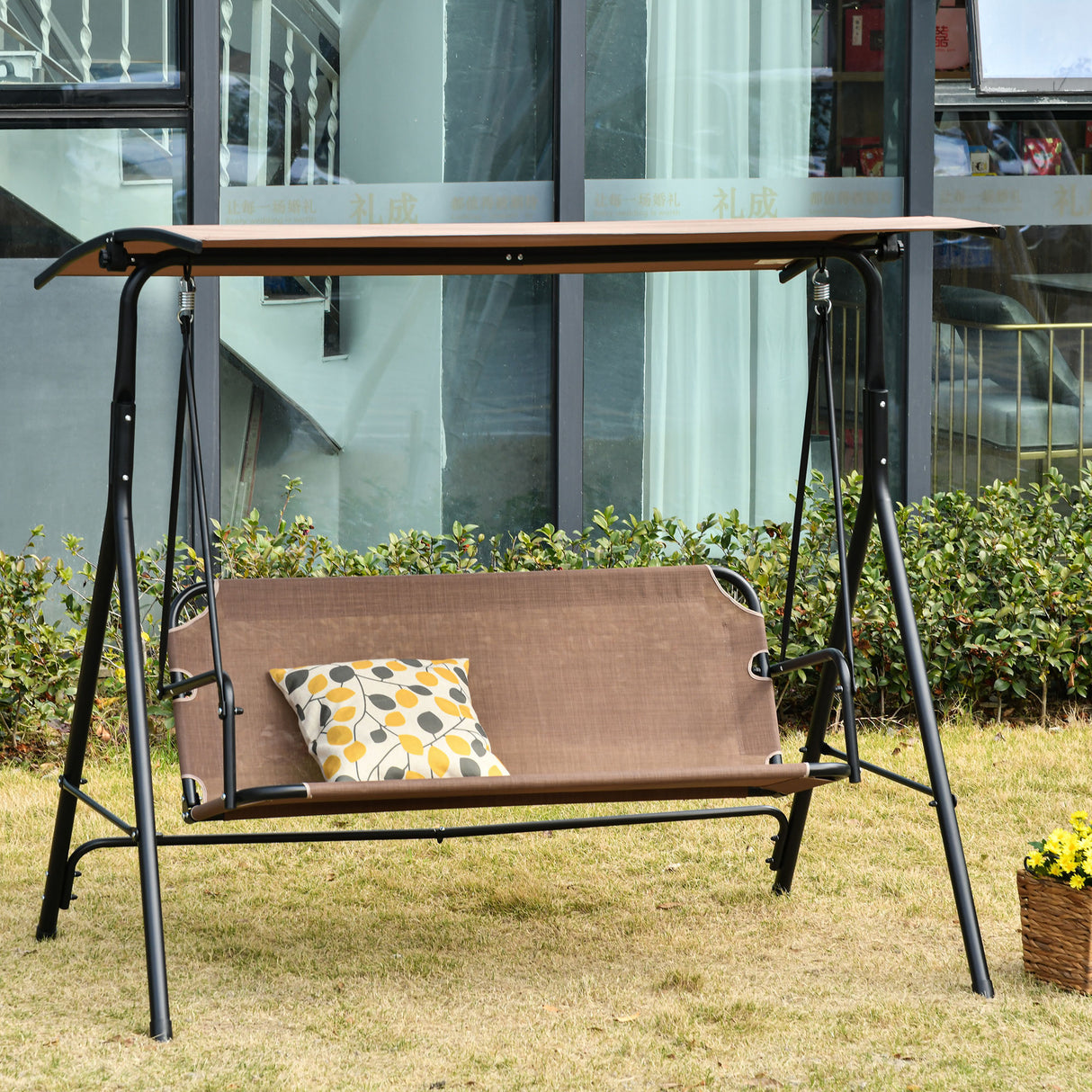 easycomfort easycomfort dondolo da giardino terrazza 3 posti con tettuccio regolabile in metallo e texteline 172x110x155cm marrone