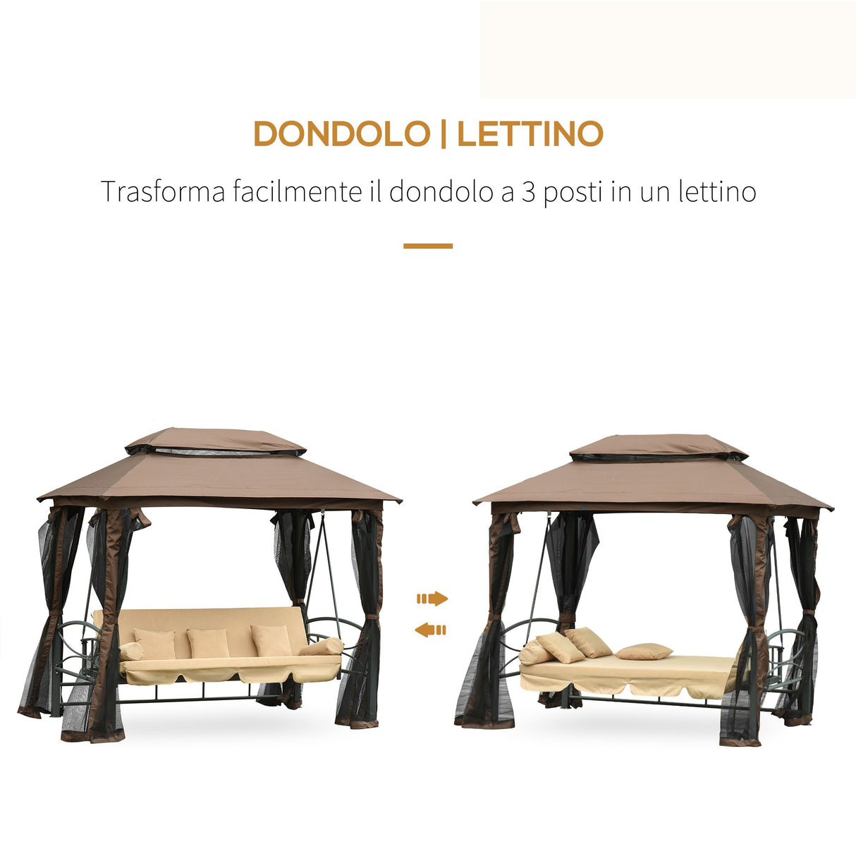 easycomfort easycomfort dondolo 3 posti da giardino convertibile in lettino con gazebo con zanzariera e cuscini 257x175x240cm cachi