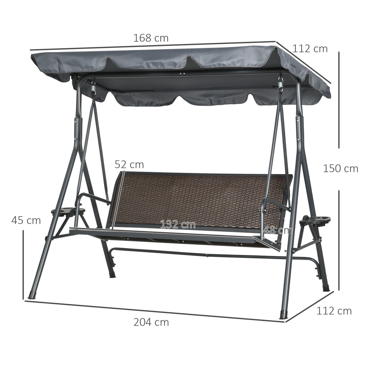 easycomfort dondolo da giardino 3 posti in rattan pe e acciaio con tettuccio regolabile e portabicchieri 204x112x150 cm