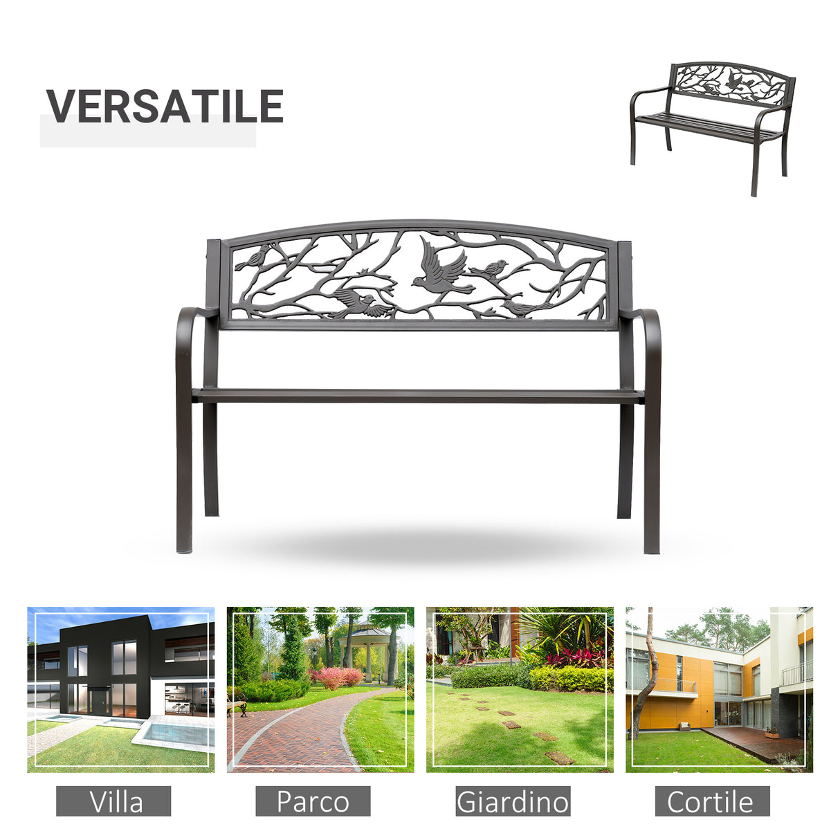 easycomfort easycomfort panchina da esterno in ghisa con schienale con decorazioni 127x60cm marrone