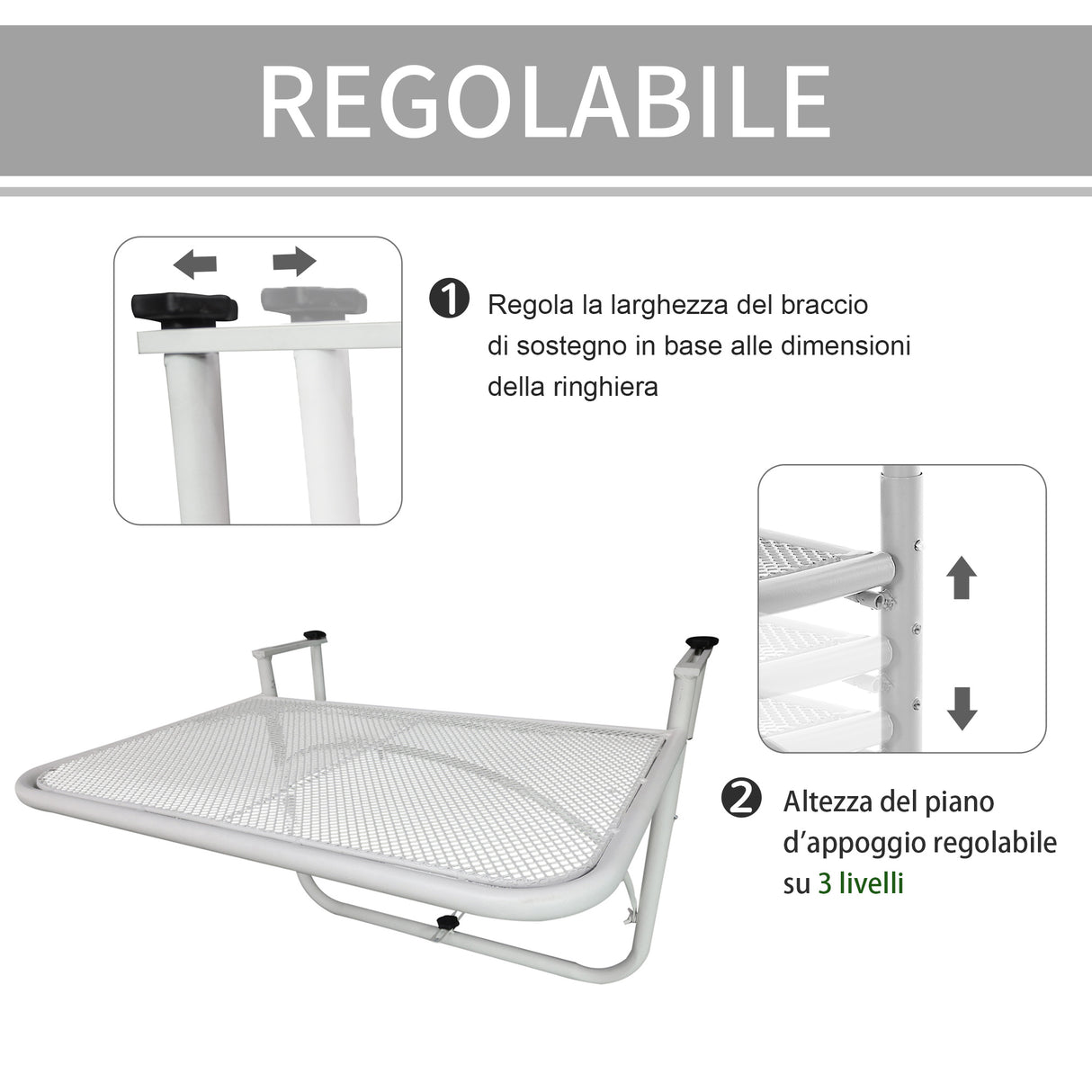 easycomfort easycomfort tavolo da ringhiera con ganci ad altezza regolabile su 3 livelli in metallo 60x56 5x45 cm bianco