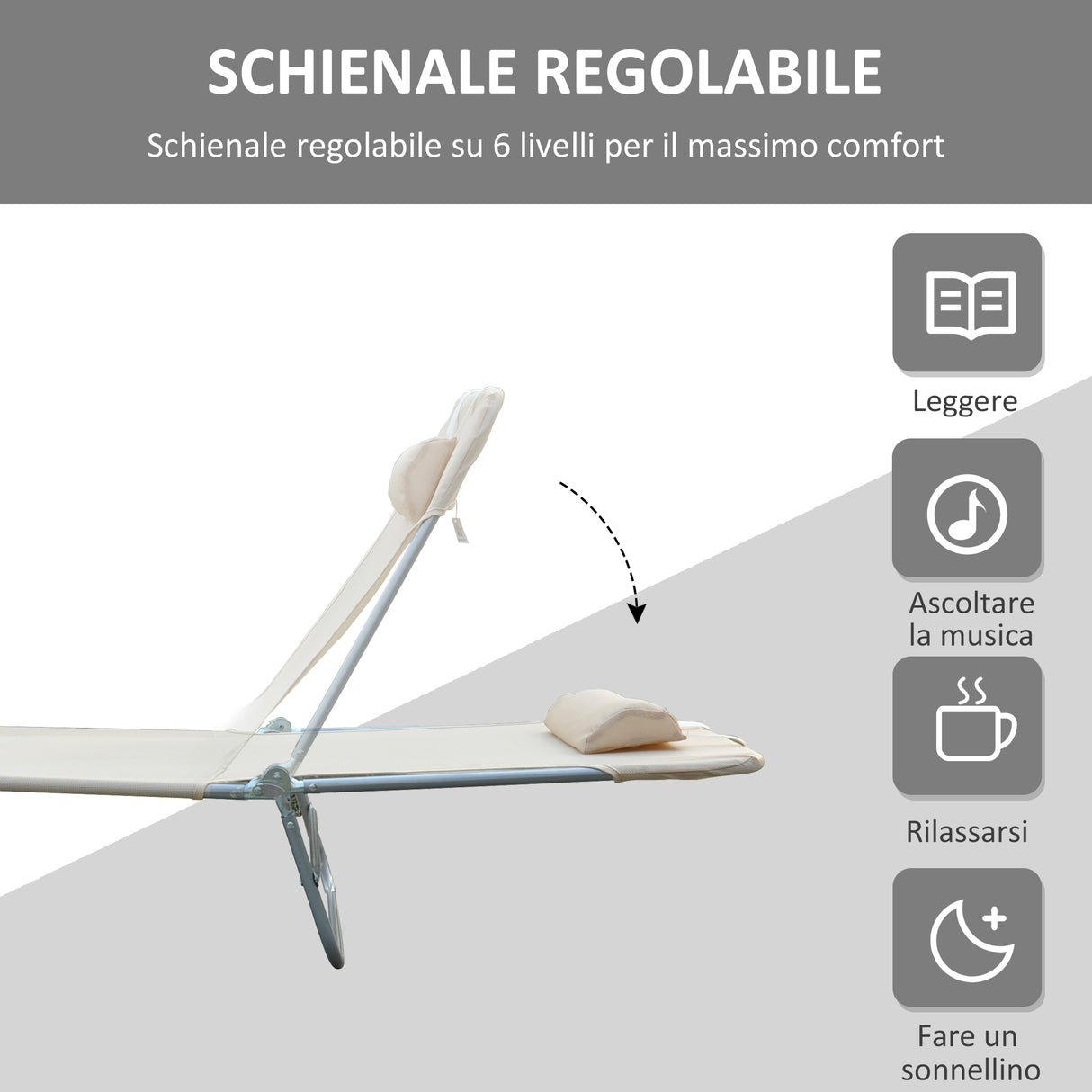 easycomfort set 2 lettini prendisole pieghevoli con schienale reclinabile a 4 livelli metallo e tessuto a rete beige