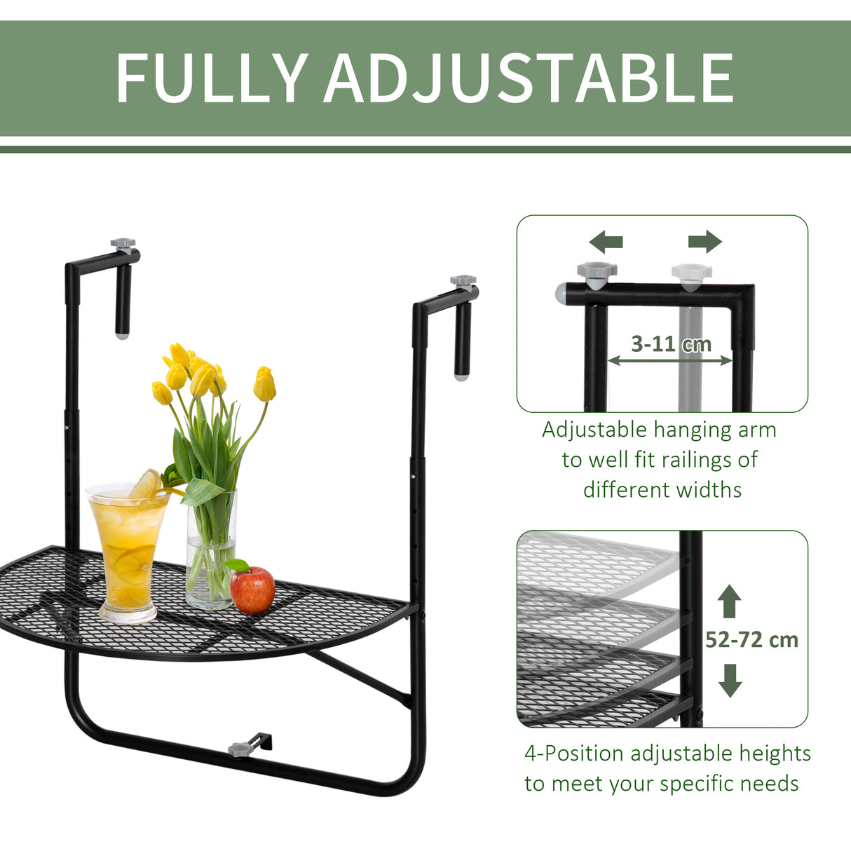 easycomfort tavolo da ringhiera pieghevole e regolabile in metallo 60x60x57 72cm nero