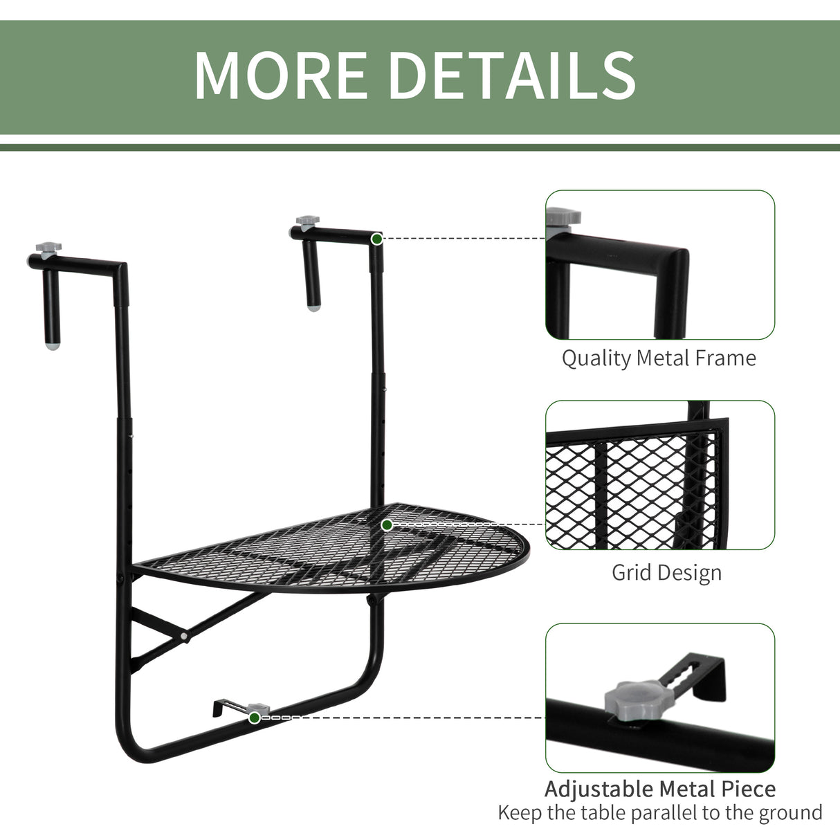 easycomfort tavolo da ringhiera pieghevole e regolabile in metallo 60x60x57 72cm nero