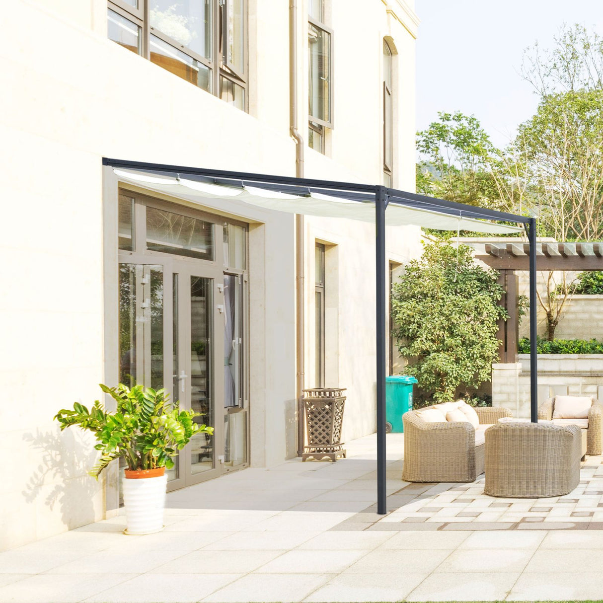 easycomfort easycomfort pergola a parete 3x3m da giardino in metallo con tettuccio scorrevole bianco crema
