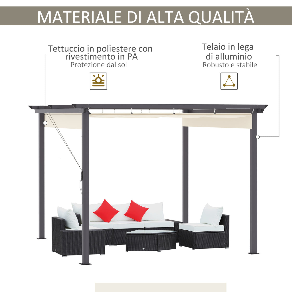 easycomfort gazebo pergola da giardino 3x3m con tenda retrattile in alluminio e poliestere bianco crema