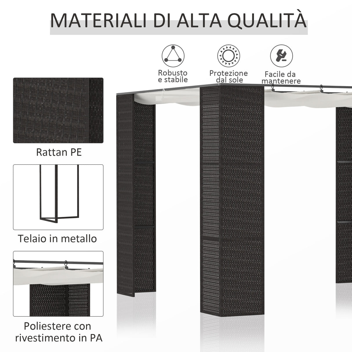 easycomfort easycomfort gazebo pergola da giardino 3x3m con tenda scorrevole struttura in metallo e rattan pe nero