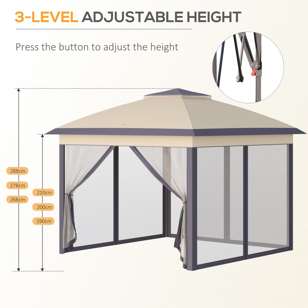 easycomfort gazebo da giardino pieghevole con zanzariera e altezza regolabile 330x330x288cm beige