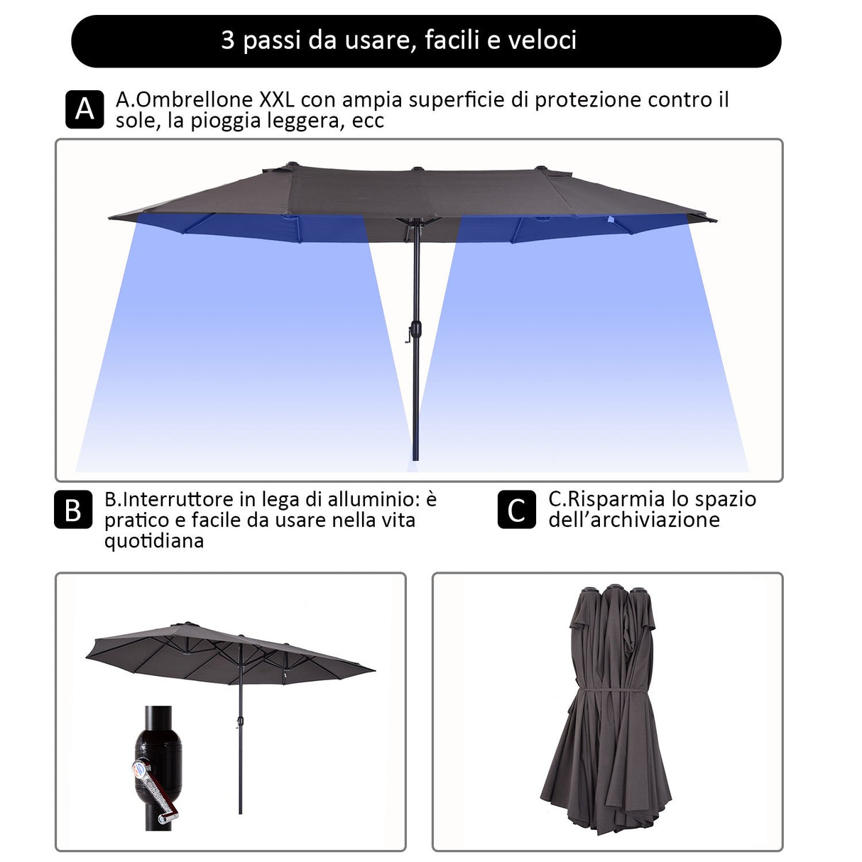 easycomfort easycomfort ombrellone parasole da giardino esterno tessuto poliestere grigio