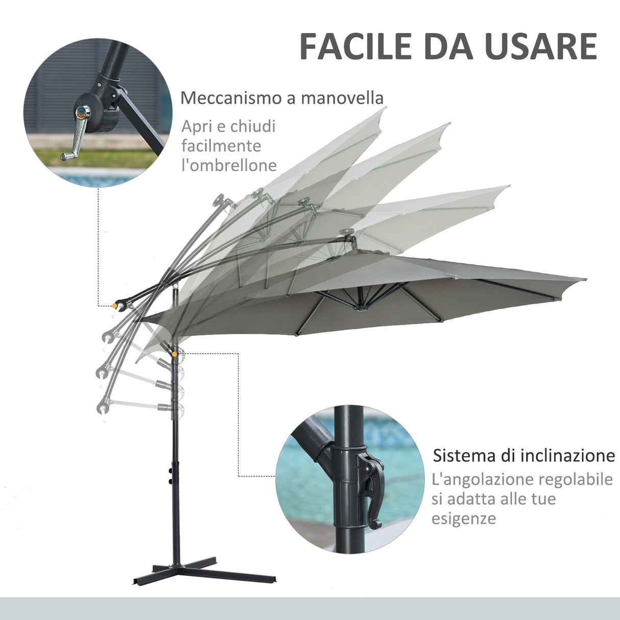 easycomfort easycomfort ombrellone da esterni 3x2 5 m decentrato con manovella struttura in acciaio e poliestere anti uv grigio