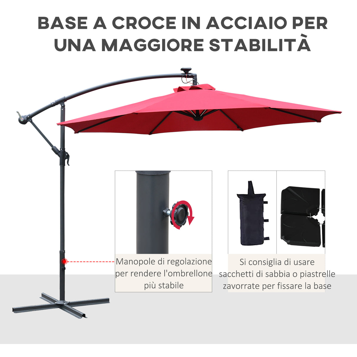 easycomfort easycomfort ombrellone da giardino a braccio 3x2 4 m con manovella e 8 strisce led a energia solare rosso scuro