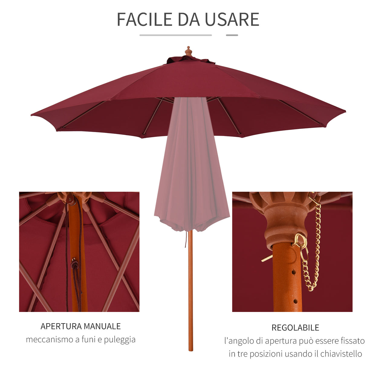 easycomfort easycomfort ombrellone da giardino con tettuccio antivento in poliestere rosso e palo in legno 257x253cm