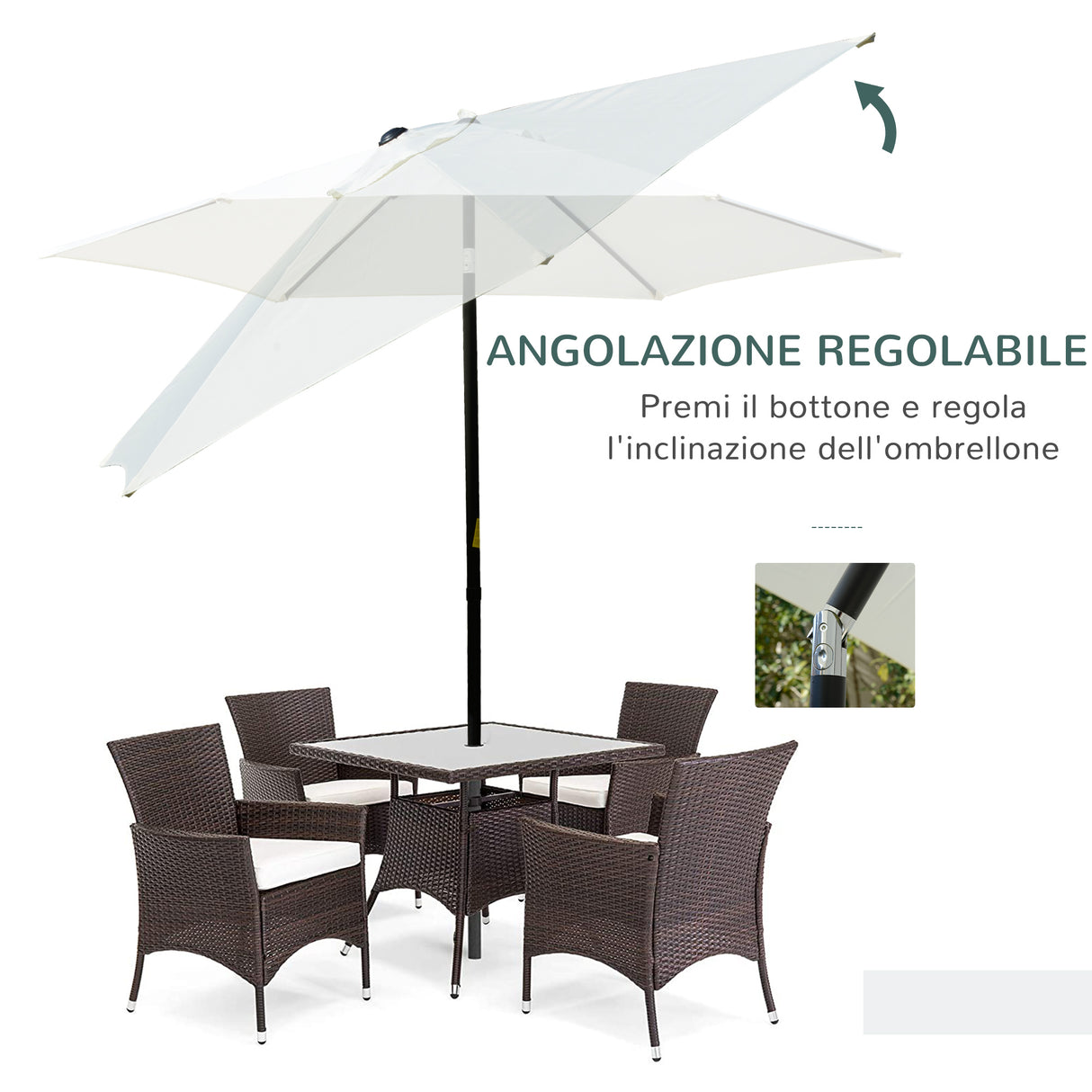 easycomfort ombrellone da giardino 2.6x2.5 m anti uv protezione 30+ con testa inclinabile palo in alluminio e 6 stecche bianco crema