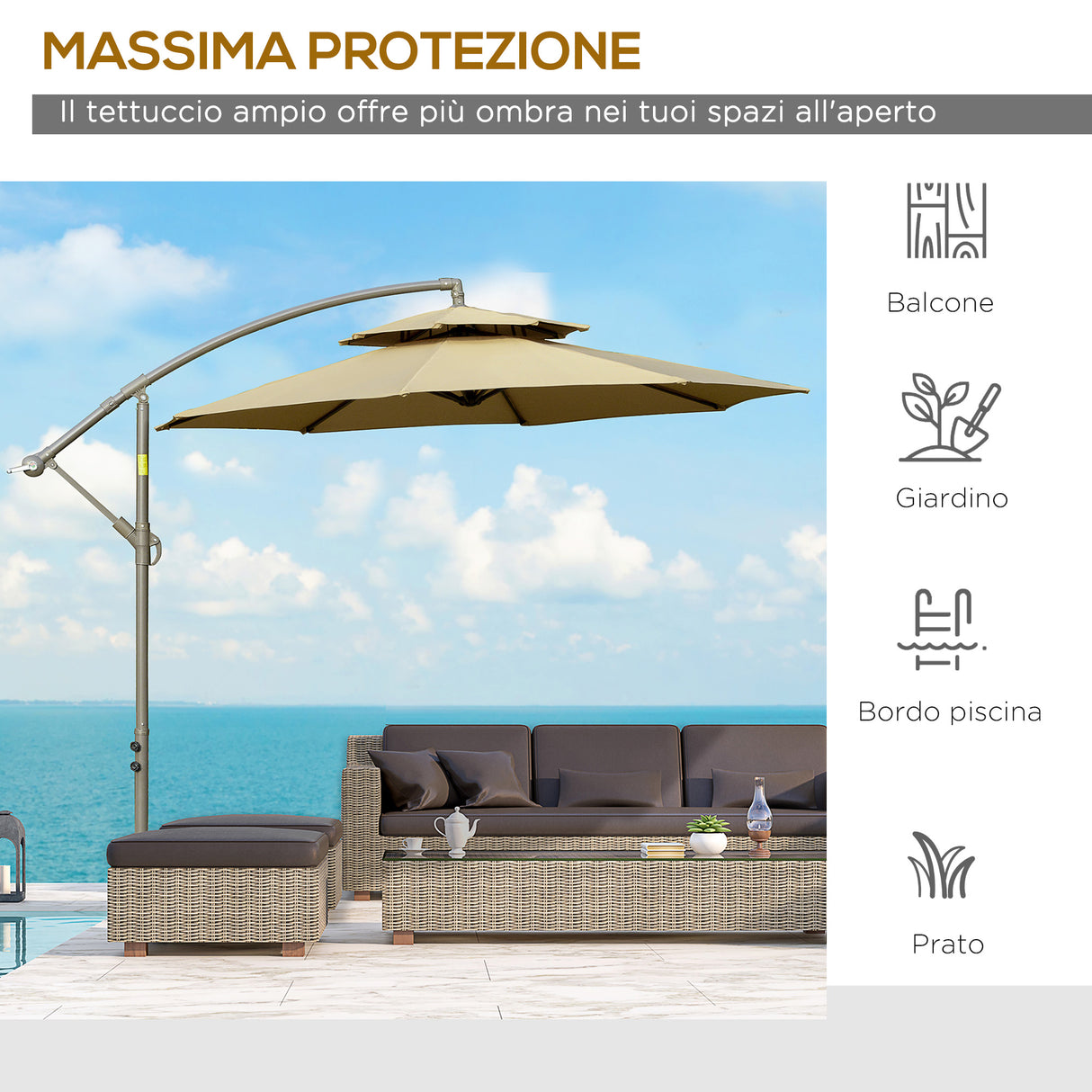 easycomfort ombrellone a braccio da esterni 2.7x2.7 cm con tettuccio regolabile a 2 livelli e base a croce marrone