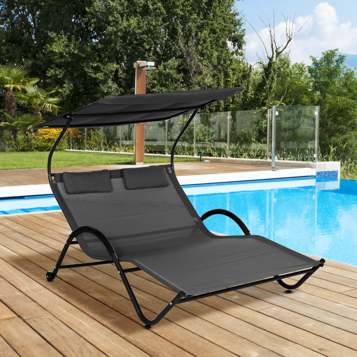 easycomfort easycomfort lettino prendisole reclinabile a 2 posti con ruote poggiatesta imbottito e tetto 200x137x138 cm grigio