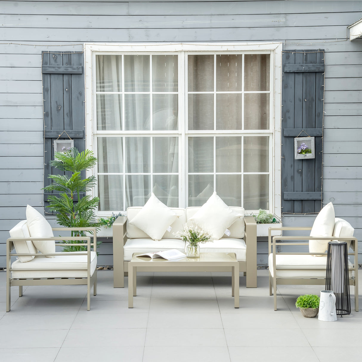 easycomfort easycomfort set giardino 4 pezzi con divanetto 2 poltrone e tavolino con cuscini sfoderabili oro