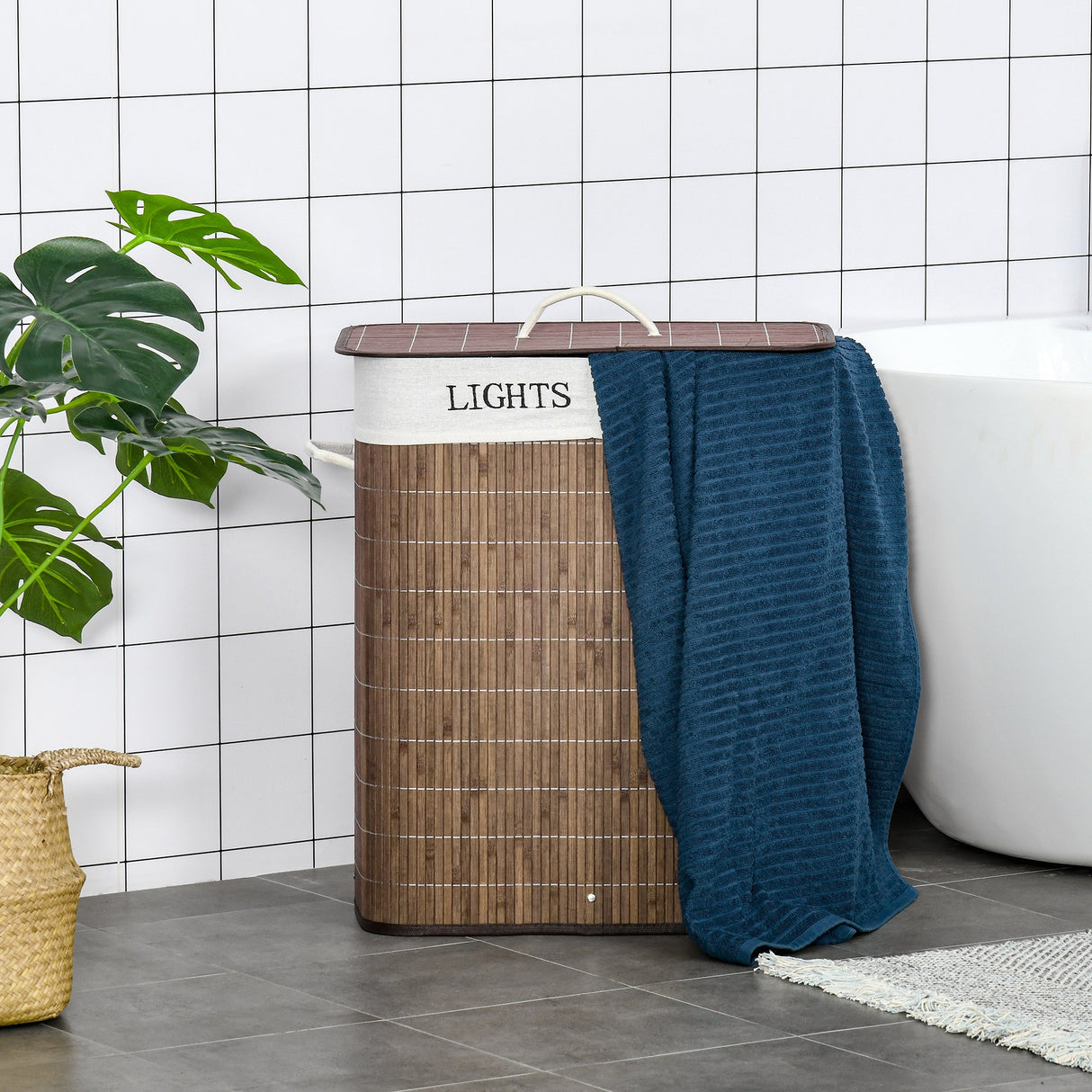 easycomfort easycomfort cesto per biancheria bambu da 100l con 2 scomparti coperchio e maniglie 52x32x63cm marrone
