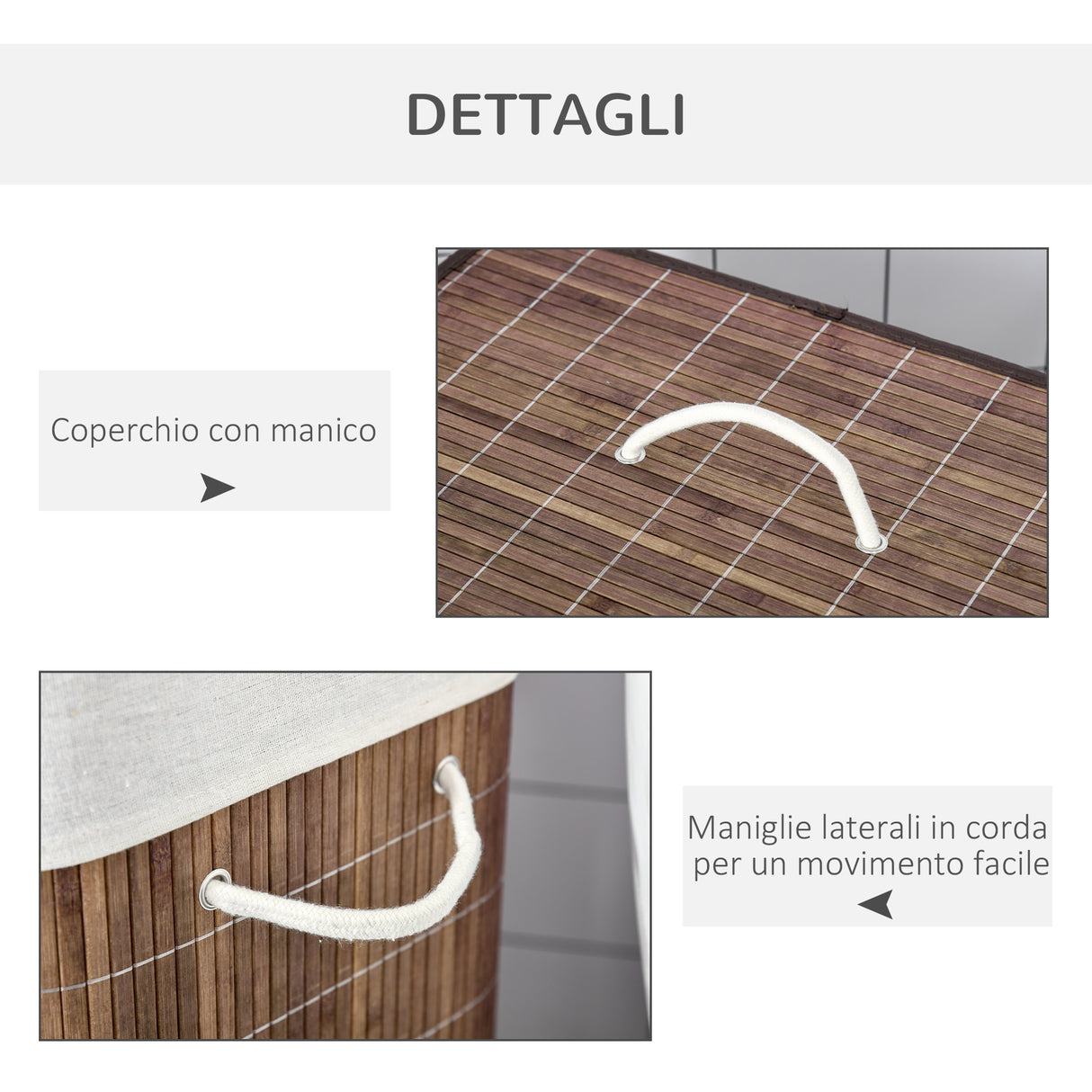 easycomfort easycomfort cesto per biancheria bambu da 100l con 2 scomparti coperchio e maniglie 52x32x63cm marrone