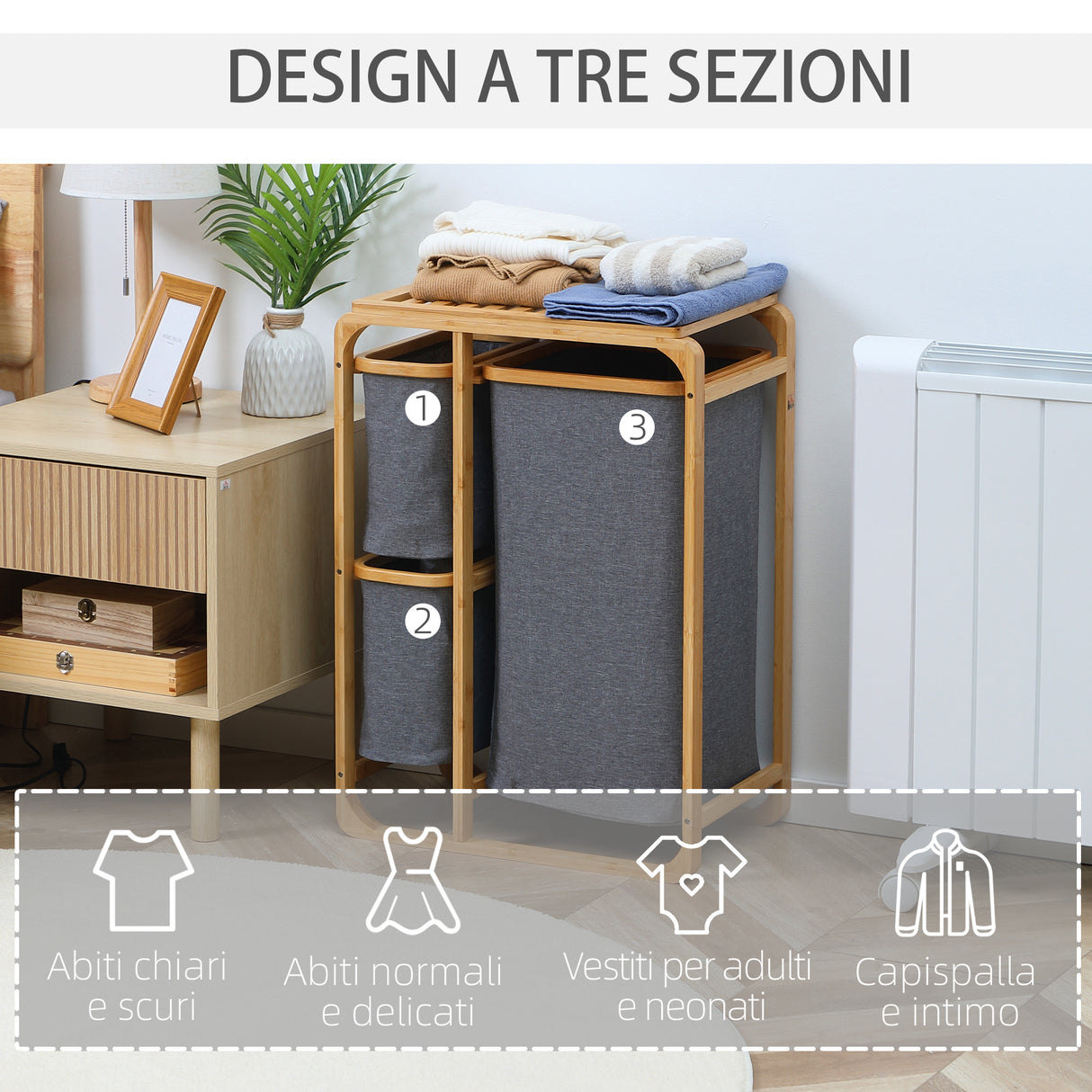 easycomfort easycomfort cesto portabiancheria con 3 scomparti estraibili in tessuto e bambu 50x32x69 7cm
