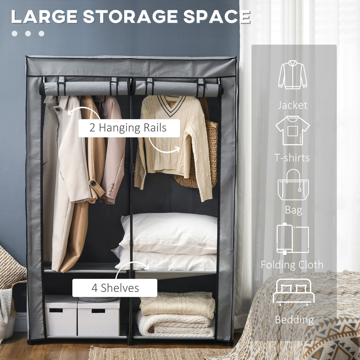 easycomfort easycomfort armadio guardaroba portatile in tessuto non tessuto con 4 ripiani aperti e 2 appendini 118x49x170 cm grigio
