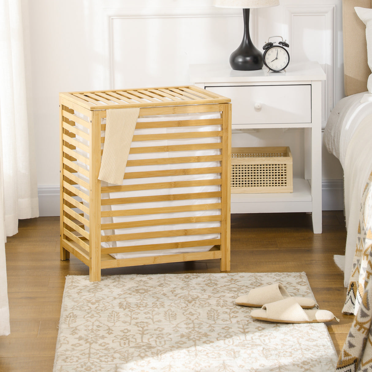 easycomfort easycomfort cesto portabiancheria a doghe in bambu e tessuto con coperchio e sacca rimovibile 50x36x60 cm