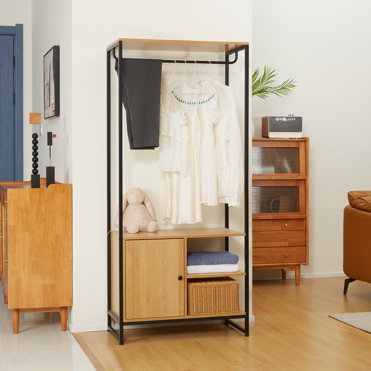 easycomfort easycomfort appendiabiti in acciaio e legno stile industriale con scarpiera e ripiani 80x40x180cm