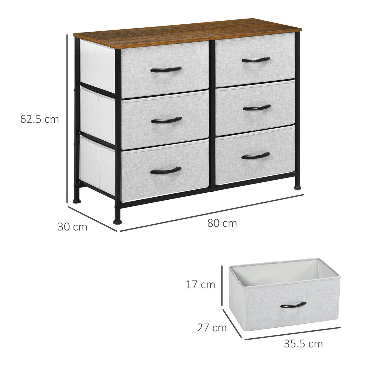easycomfort easycomfort cassettiera 6 cassetti in tessuto rimovibili in legno e acciaio stile industriale 80x30x62 5cm