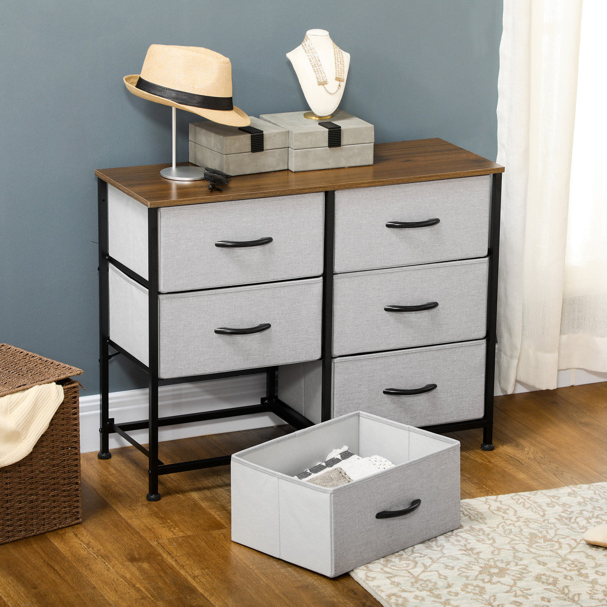 easycomfort easycomfort cassettiera 6 cassetti in tessuto rimovibili in legno e acciaio stile industriale 80x30x62 5cm
