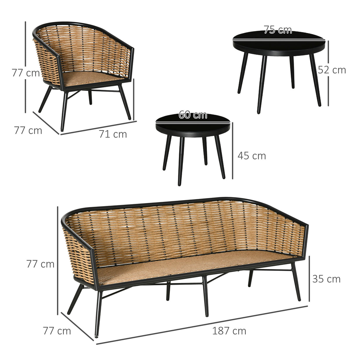 easycomfort set mobili da giardino in rattan 5 pezzi salottino da esterno con 2 tavolini divano 3 posti e 2 poltrone con cuscini