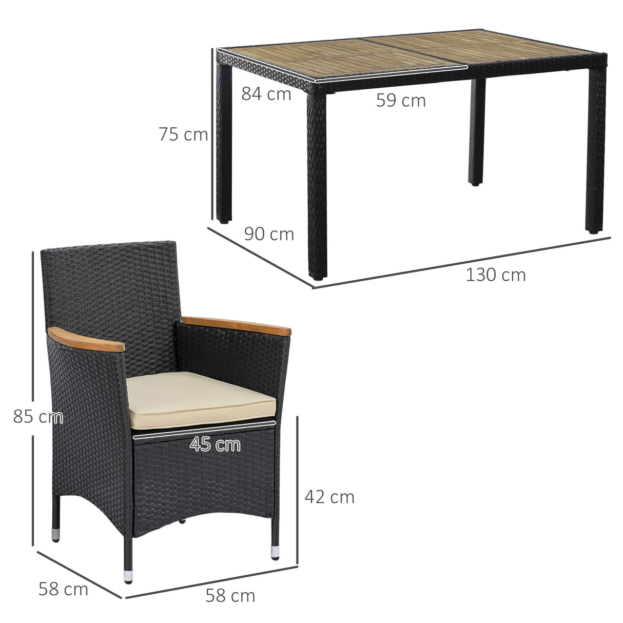 easycomfort easycomfort set tavolo e sedie da giardino 7 pezzi in pe rattan e legno con cuscini morbidi nero
