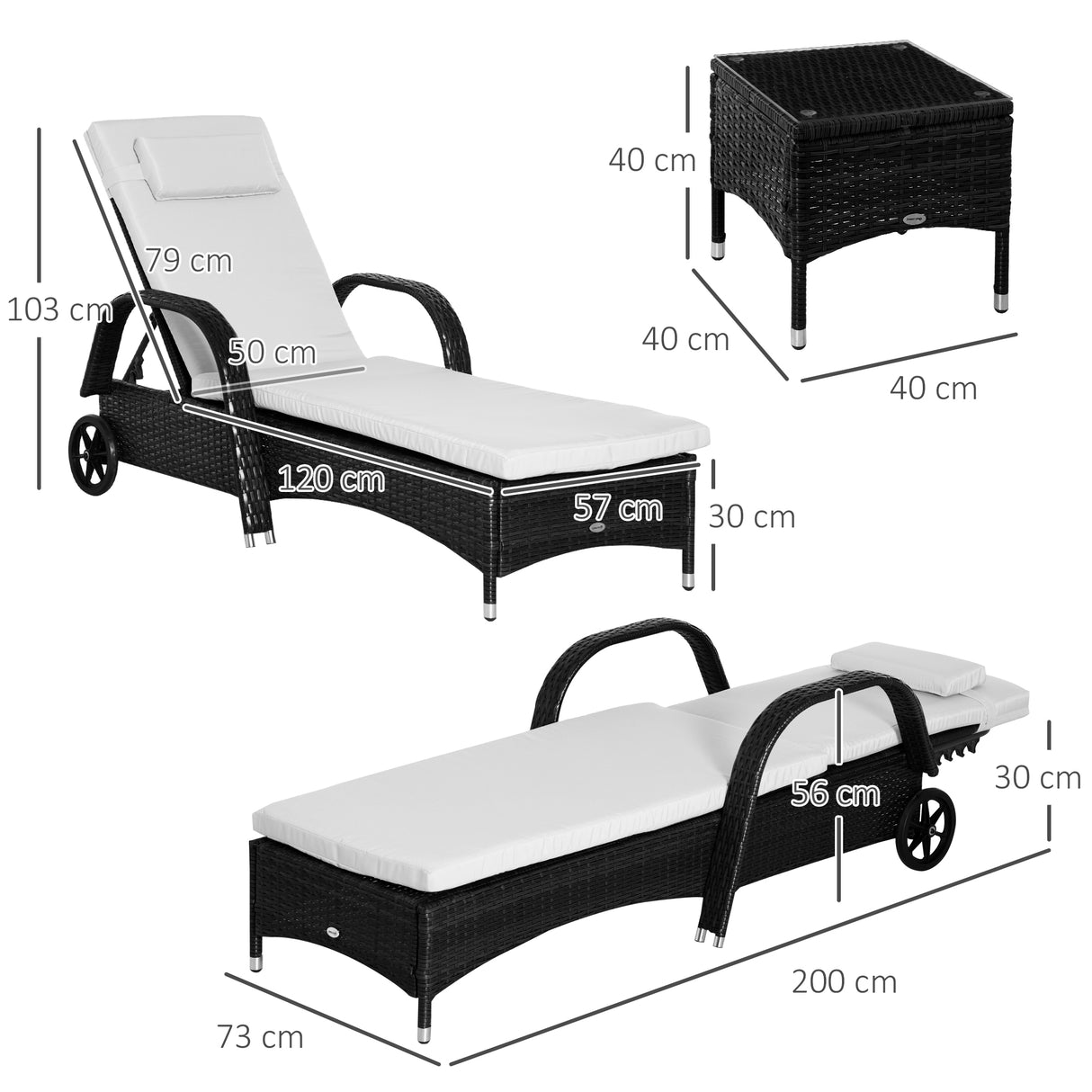 easycomfort easycomfort set mobili da giardino 2 sedie a sdraio e tavolino 3pz lettino prendisole rotelle reclinabile rattan nero