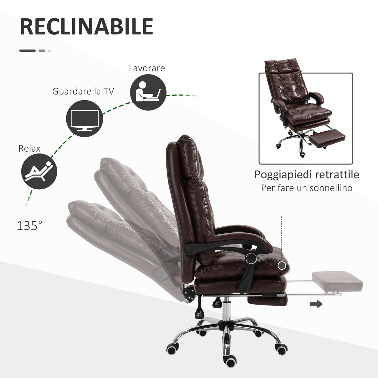 easycomfort easycomfort poltrona ufficio presidenziale similpelle marrone stile chesterfield schienale reclinabile 135 e poggiapiedi ean 8054144132730