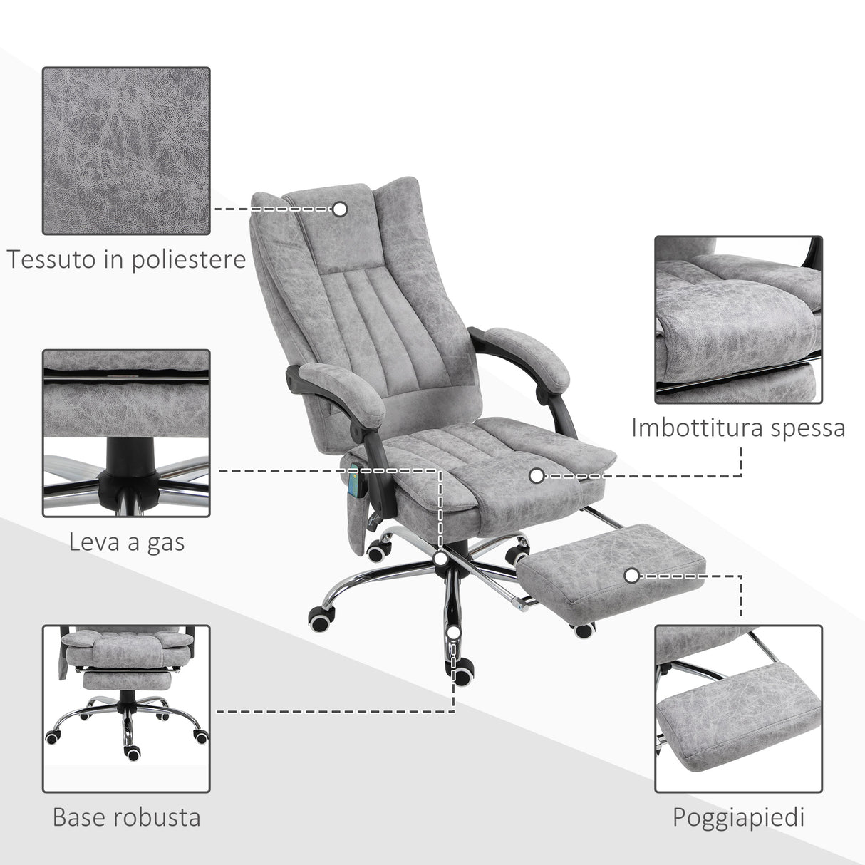 easycomfort easycomfort poltrona da ufficio massaggiante riscaldante altezza e reclinazione regolabili poggiapiedi retrattile 62x67x113 120cm grigio