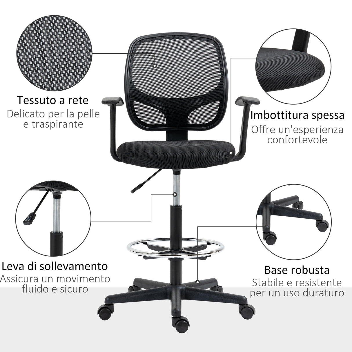 easycomfort easycomfort sedia da ufficio ad altezza regolabile con braccioli rotelle e seduta imbottita 60x56x110 132 cm nera