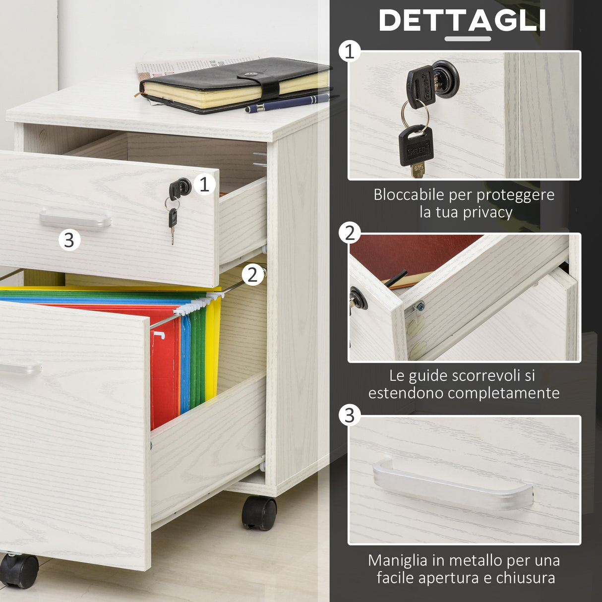 easycomfort easycomfort schedario da ufficio cassettiera per scrivania in legno 2 cassetti serratura con 2 chiavi bianco 40x45x55 6cm ean 8054144133461