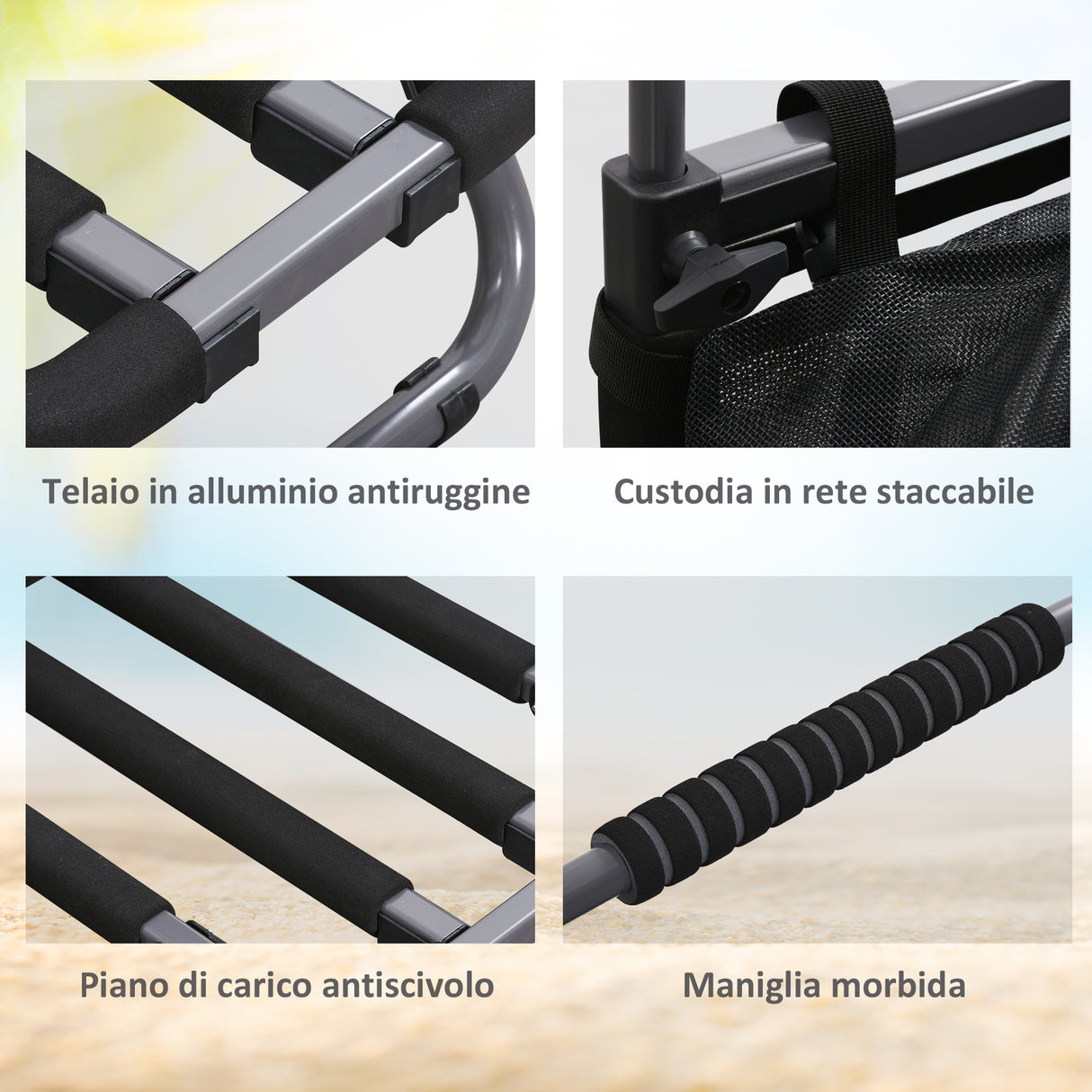 easycomfort easycomfort carrello da spiaggia pieghevole con tasca in rete manico telescopico e cavalletto 82x67x81 cm