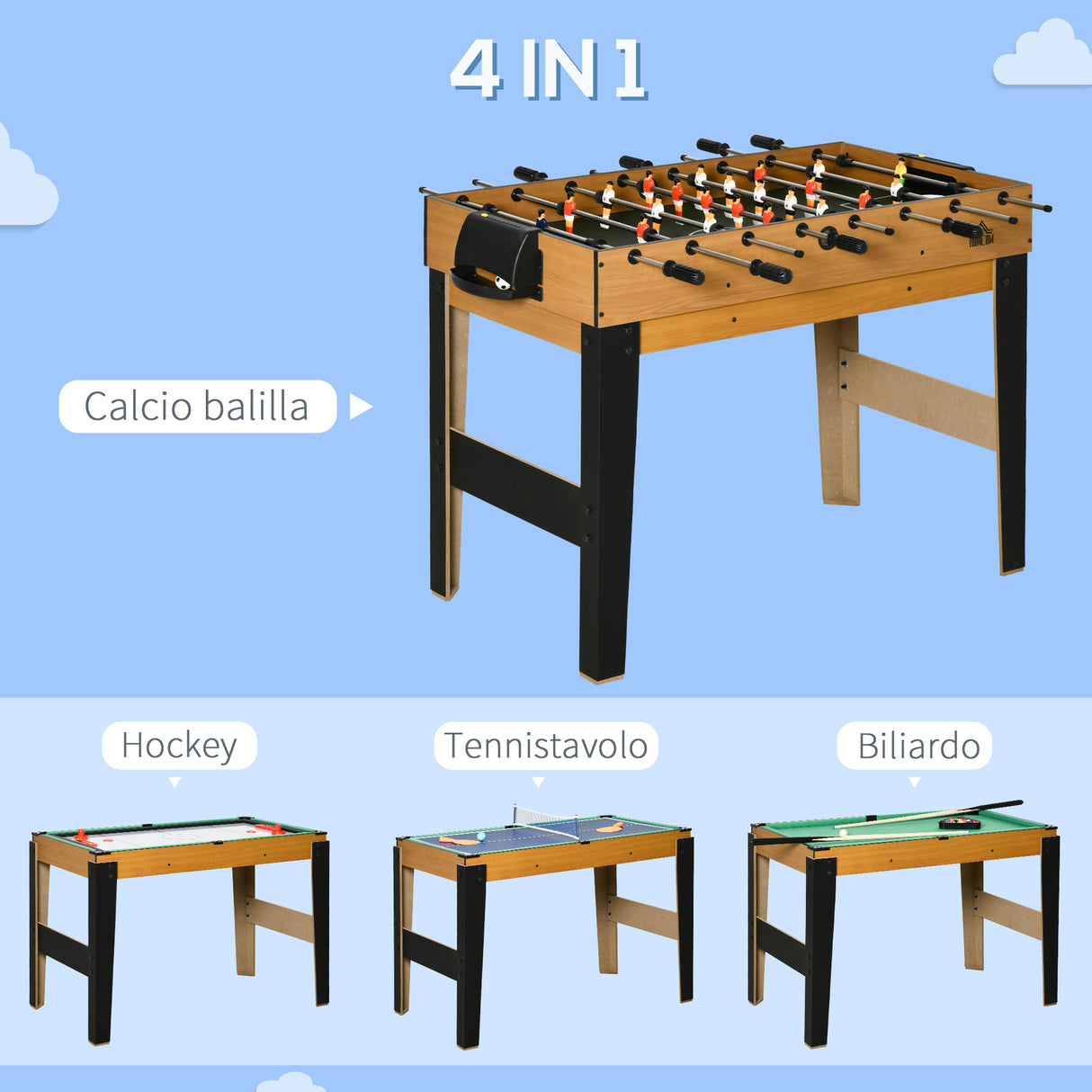 easycomfort tavolo multigioco 4 in 1 con calcio balilla biliardo ping pong e hockey da tavolo 107x61x84.5cm