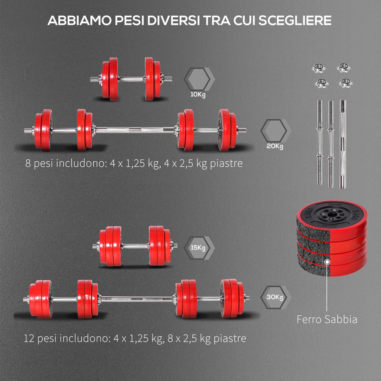 easycomfort set pesi da 20kg in dotazione 1 bilanciere e 2 manubri dischi con rivestimento in plastica antigraffio rosso