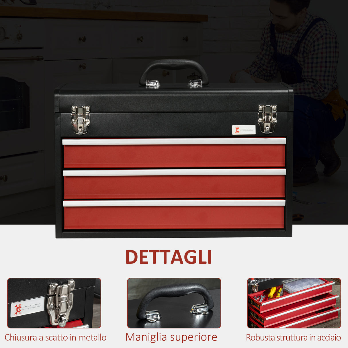 easycomfort cassetta porta attrezzi in acciaio con 3 cassetti e vassoio superiore 51x22x32 cm rosso e nero