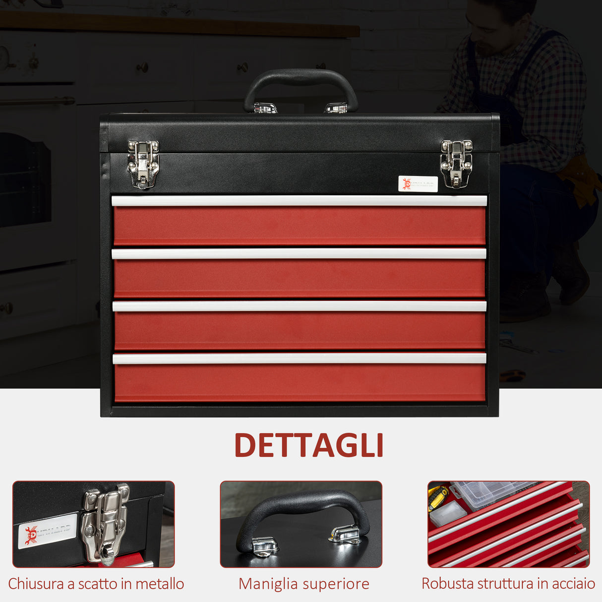 easycomfort cassetta porta attrezzi in acciaio con 4 cassetti e vassoio superiore 51x22x39.5 cm rosso e nero