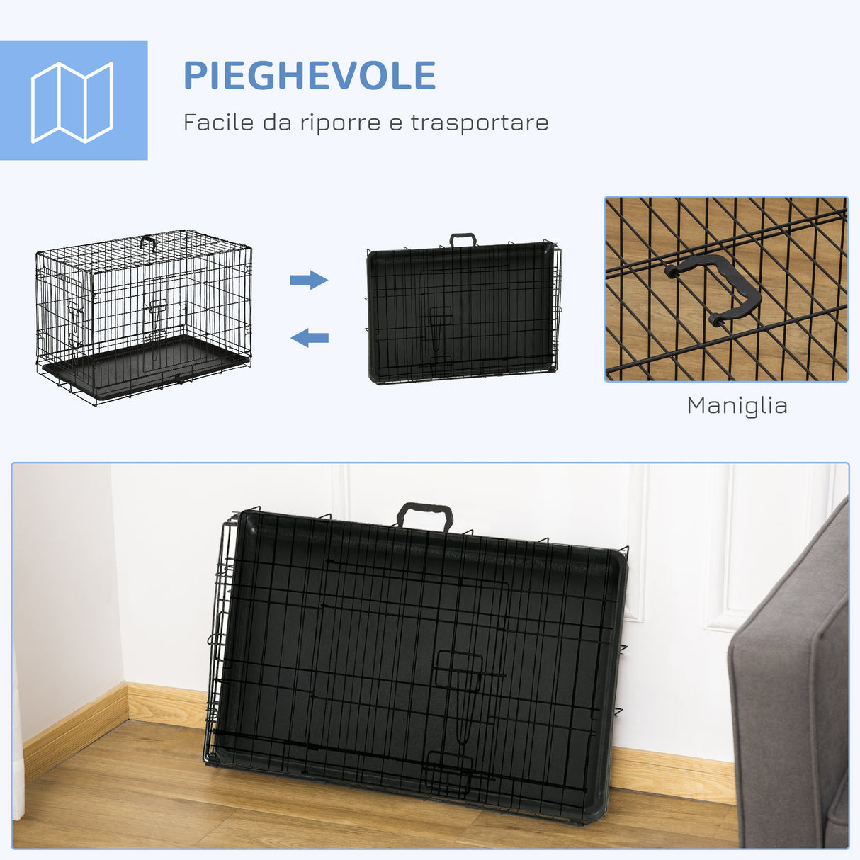 easycomfort easycomfort gabbia trasportino per cani gatti pieghevole in acciaio doppia apertura 76x53x57cm nero
