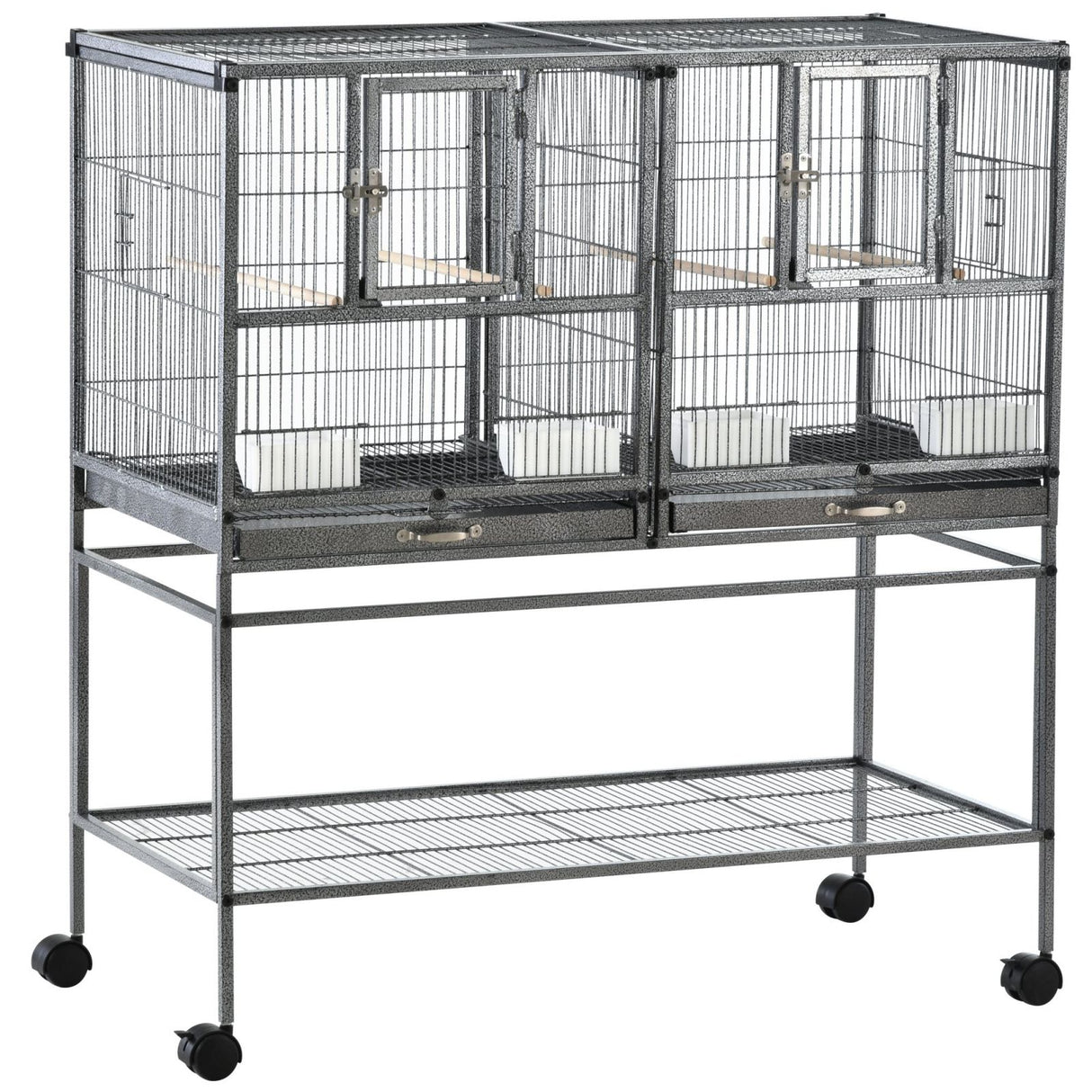 easycomfort doppia gabbia per uccelli in metallo con vassoi estraibili supporto con 4 ruote e ripiano 95x45.5x102cm grigio