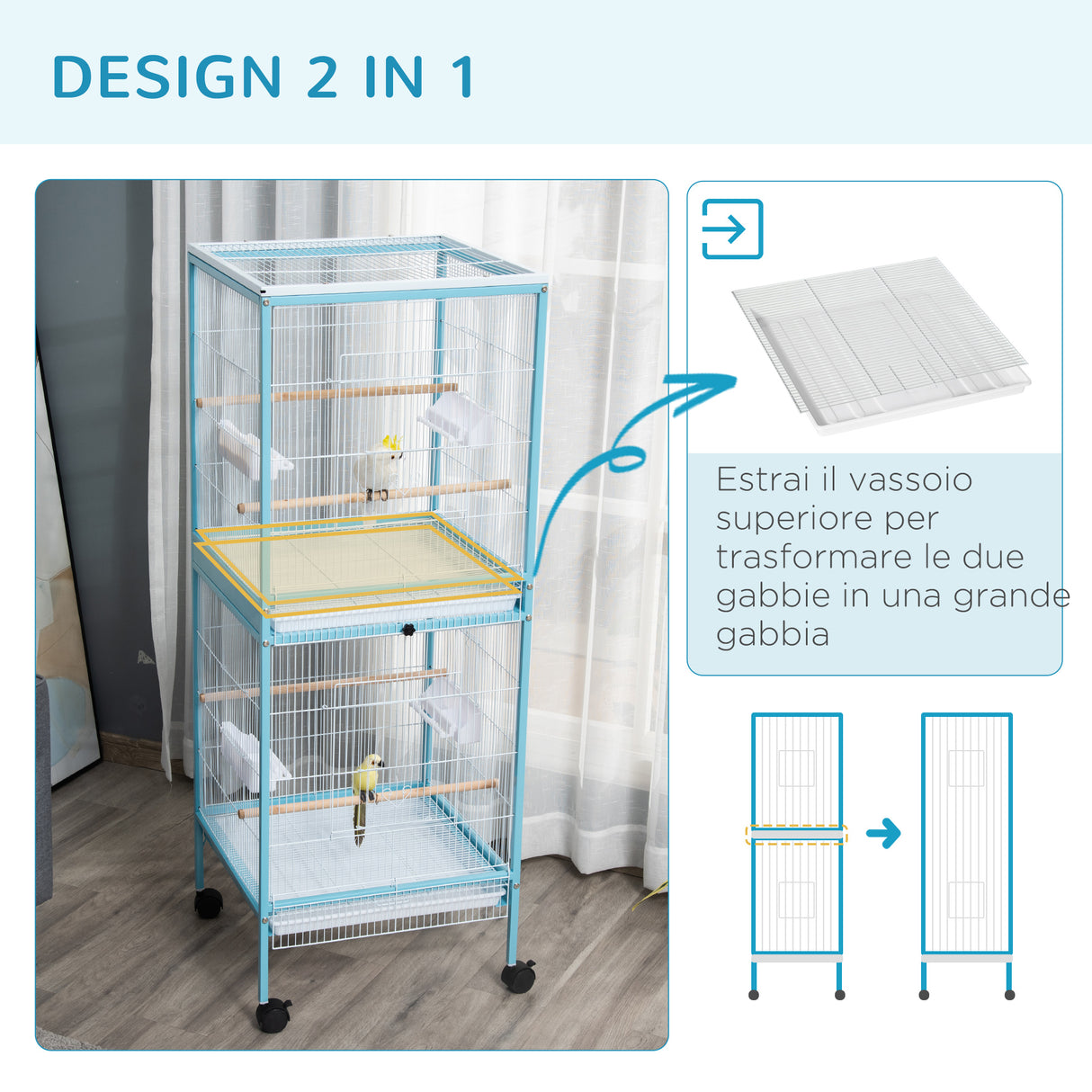 easycomfort gabbia per uccelli 2 in 1 voliera da interni con 4 ruote e vassoi estraibili 51.5x50x140cm